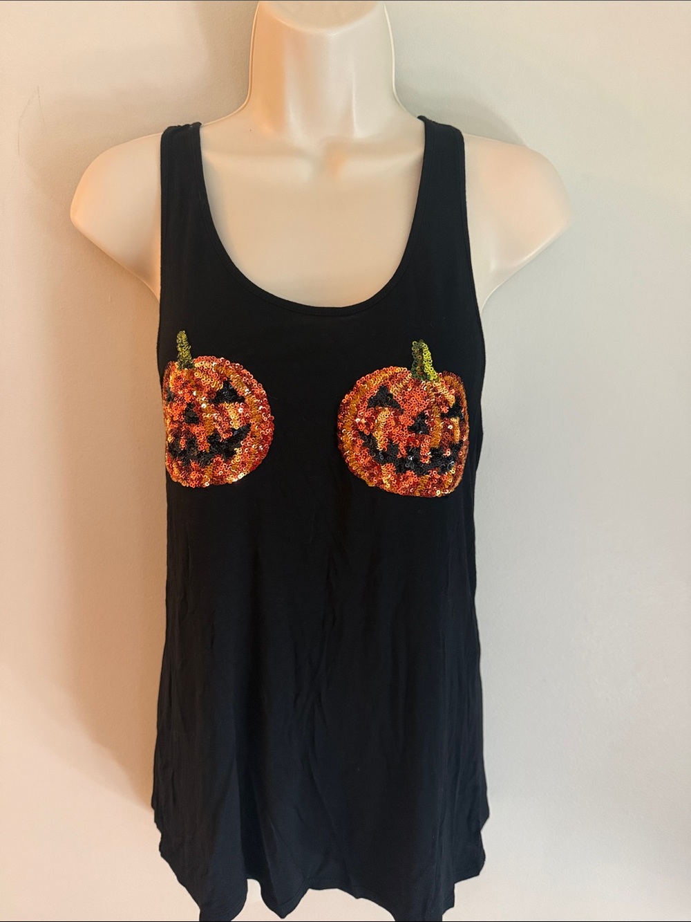 Bear Dance Black Tank Top with Orange Sequin Pumpkin Appliqués